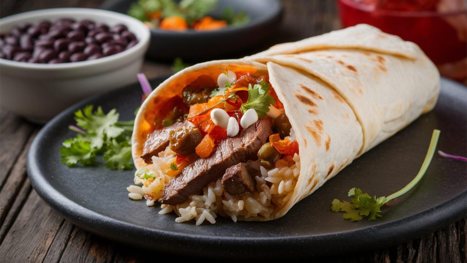 A burrito with rice and grilled beef on a dark plate.